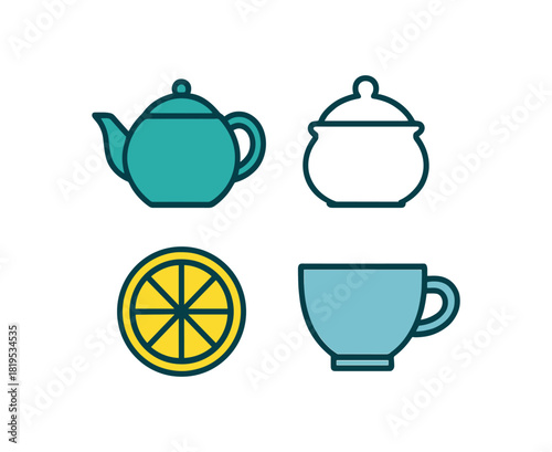 4 minimal icons teapot colored turquoise sugar bowl colored white lemon slice colored tea cup colored pastel blue