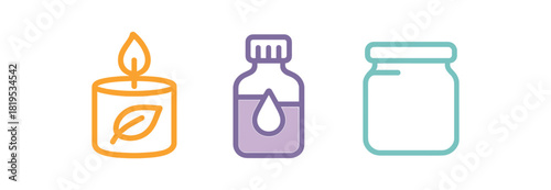 minimal icons aroma candle colored orange essential oil bottle colored purple glass jar colored clear blue