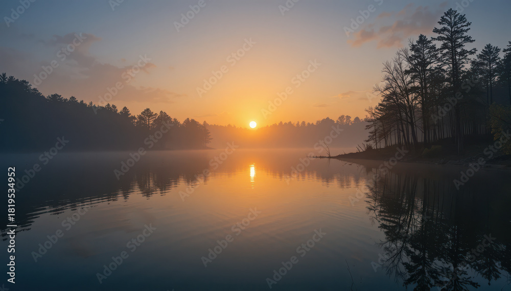 Fototapeta premium Sunrise reflecting on a misty lake surrounded by trees