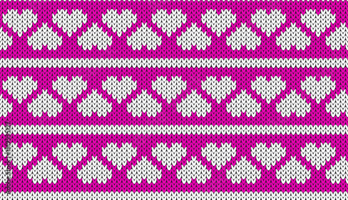 Hearts knitwear sweater seamless pattern. White ornament on pink background. Vector design. 
