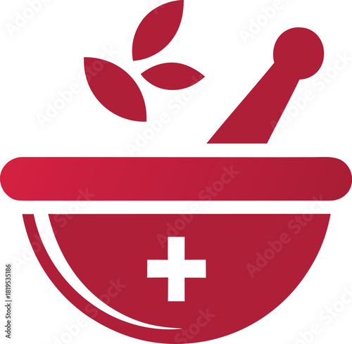Red mortar and pestle with cross and leaves: pharmacy symbol