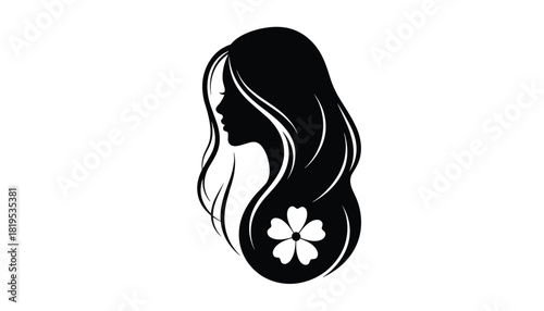 Stylized silhouette of woman with flowing hair and decorative flower in elegant black and white