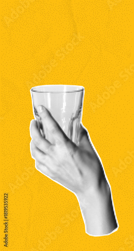 Minimal halftone collage with hand raising glass. Retro modern color palette and print texture. Celebration artwork for event poster or banner design.