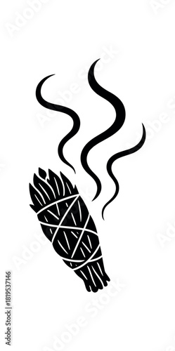 Burning sage bundle with smoke black silhouette with twist and trail lines cleansing ritual icon