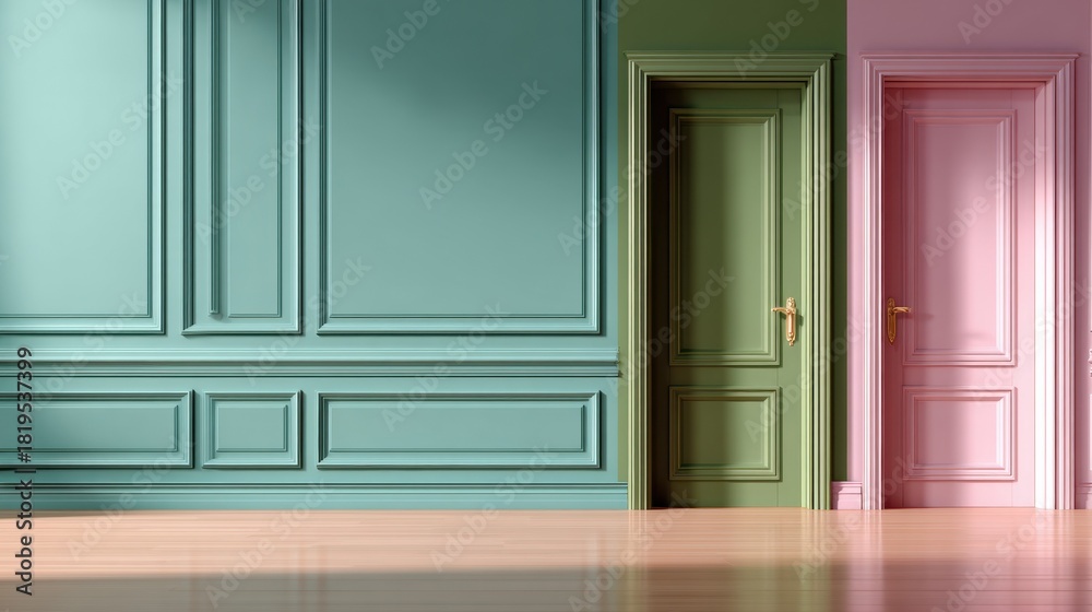 Obraz premium Elegant interior showcasing pastel-colored doors against a textured wall, highlighting modern design aesthetics