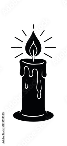 Candle with flame and wax drip black silhouette with light and detail lines spiritual ritual symbol