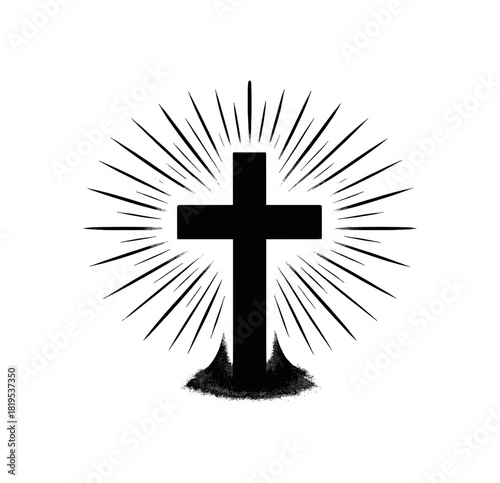 Cross with rays of light black silhouette with beam and glow lines symbol of faith and salvation