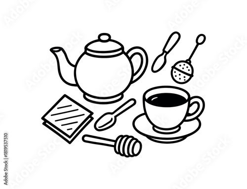 flat vector handdrawn black and white bold clean outlines white background tea time teapot infuser tea scoop cup honey dipper napkin no logos