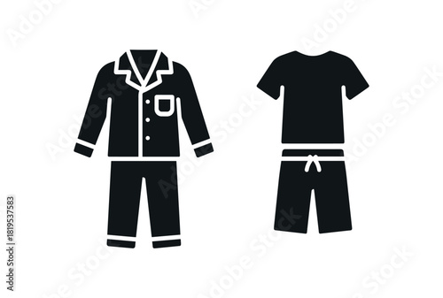Flat vector illustration two pajama sets black and white solid black icon style sleep essentials theme 2x1 grid equal spacing isolated on white full objects visible