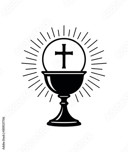 Chalice with host and cross black silhouette with circle and light lines catholic tradition element