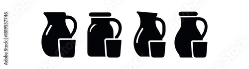 Flat vector illustration four bedside carafes with cups black and white solid black icon style sleep essentials theme 4x1 grid equal spacing isolated on white full objects visible