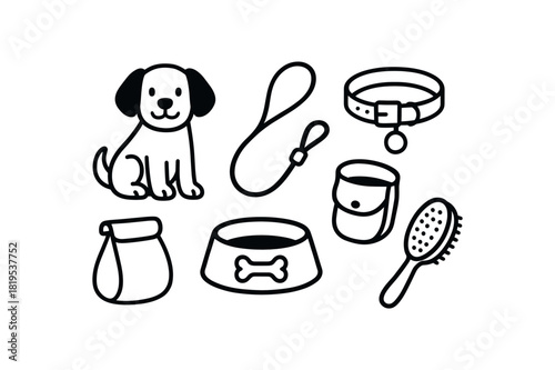 flat vector handdrawn black and white bold clean outlines white background pet care dog leash collar brush bowl treat pouch no logos