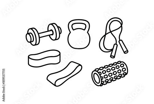 flat vector handdrawn black and white bold clean outlines white background home workout dumbbell kettlebell jump rope resistance band foam roller no logos