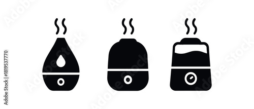 Flat vector illustration three humidifiers black and white solid black icon style sleep essentials theme 3x1 grid equal spacing isolated on white full objects visible