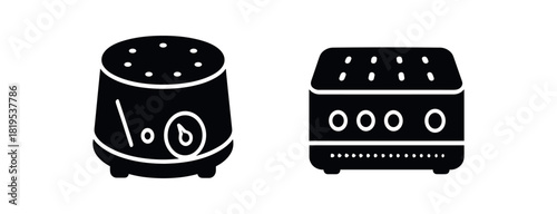 Flat vector illustration two white noise machines black and white solid black icon style sleep essentials theme 2x1 grid equal spacing isolated on white full objects visible