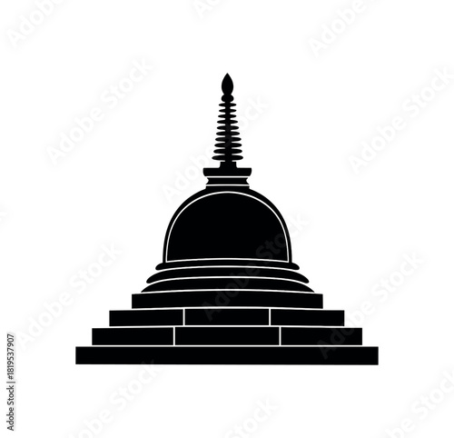 Buddhist stupa with step base black silhouette with dome and shape lines sacred architecture detail