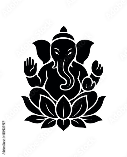 Ganesha symbol with lotus black silhouette with trunk and petal lines spiritual culture icon