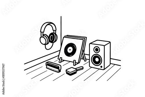 flat vector handdrawn black and white bold clean outlines white background music corner headphones speaker record brush vinyl sleeve stand no logos