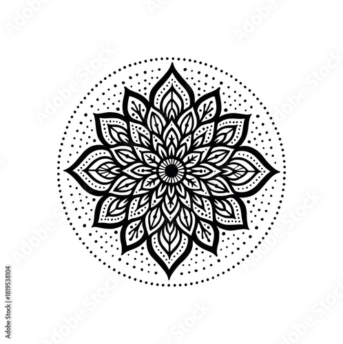 Mandala circle with dots black silhouette with radial and detail lines spiritual balance element