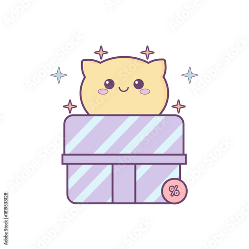 Cute pastel gift box with tiny cat on top, perfect for reward promos, surprise offers, and cute packaging visuals.