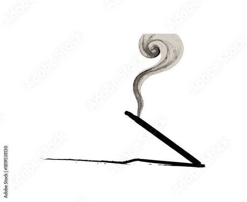 Burning incense stick with smoke black silhouette with swirl and ash lines ritual tranquility detail