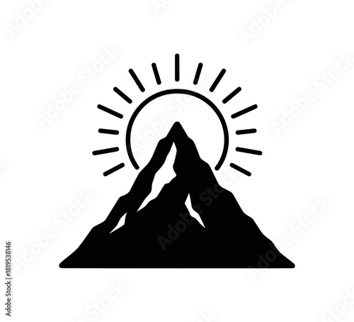 Mountain with sun black silhouette with peak and aura lines enlightenment journey icon