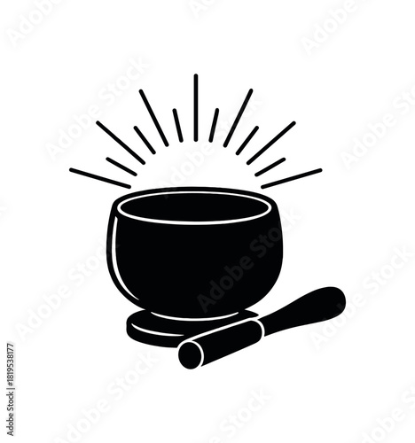 Meditation bell with mallet black silhouette with edge and sound lines ritual mindfulness cue