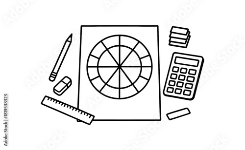 flat vector handdrawn black and white bold clean outlines white background natal chart desk blank chart sheet pencil eraser ruler calculator sticky flags no logos