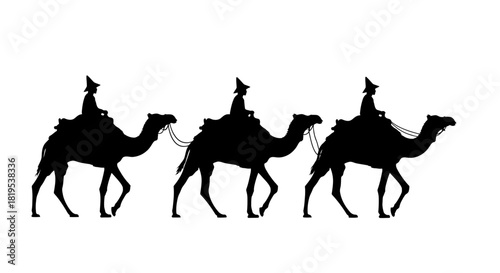 Silhouettes of three wise men riding camels across a desert landscape