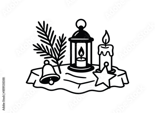 flat vector handdrawn black and white bold clean outlines white background solstice altar evergreen sprig lantern candle bell ornament blank cloth no logos