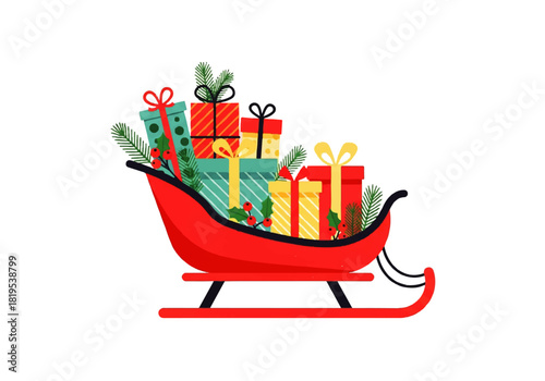 A red sleigh overflowing with colorful Christmas presents, decorated with pine branches and holly berries, against a white background.