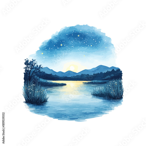 stary sky over a calm lake hand drawn vector illustration