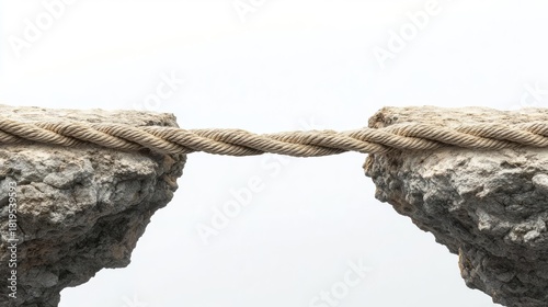 A symbolic representation of connection and bridging gaps using a rope across two rocky edges.