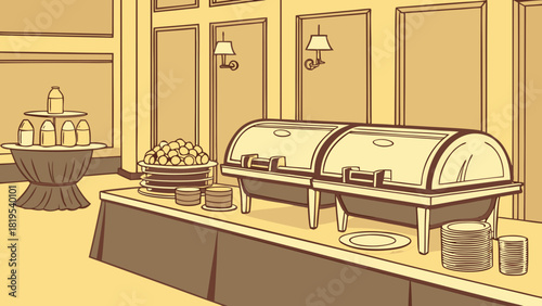 Elegant buffet setup with food warmer and dishes at an event
