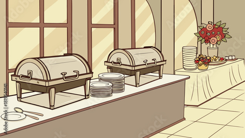 Buffet setup with food warmers and decorations in the room