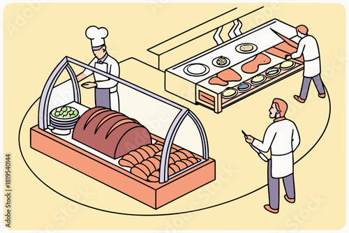 Restaurant kitchen illustration: culinary professionals at work