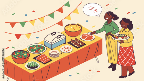 Celebration buffet featuring various foods and two women