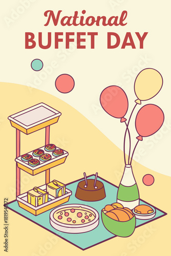 National Buffet Day illustration with buffet of food and decorative items