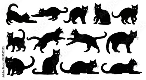 Collection of graceful black cat silhouettes in various poses and actions