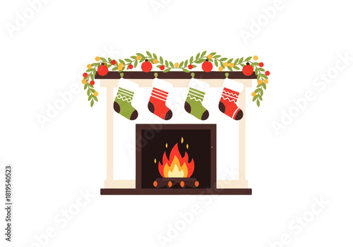 A cozy fireplace decorated with a festive garland and four Christmas stockings, two green and two red, against a white background.