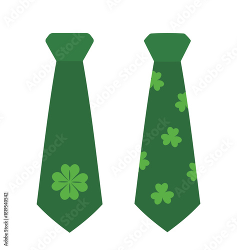 Set of green tie with Shamrock flat vector illustration.
St.Patrick's Day leprechaun green tie icon.
St.Patrick's Day party dress up clover tie cartoon.
White background.

