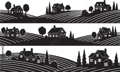 Black and white silhouette of rural landscape with houses and rolling hills vector
