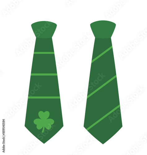 Set of green tie with Shamrock flat vector illustration.
St.Patrick's Day leprechaun green tie icon.
St.Patrick's Day party dress up clover tie cartoon.
White background.
