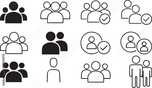 Set of User Profile and Group Icons with Checkmarks and Outline Styles people