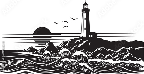 Silhouette of a lighthouse on a rocky coast with waves and birds at sunset ocean