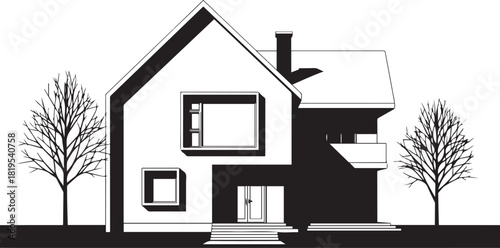 Silhouette of a modern house with trees and a chimney on a white background home building