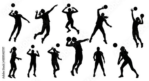 Collection of dynamic volleyball player silhouettes demonstrating various game actions