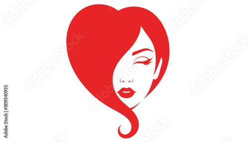 Minimalist Woman Face in Heart Shape Vector Illustration with Flowing Hair and Red Lips for Love, Beauty, and Feminine Branding Projects