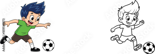 Cute Cartoon Boy Playing Soccer or Football Vector Illustration with Detailed Outline - Cheerful Kid Kicking Ball Design for Sports Themes and Coloring Book Activities.