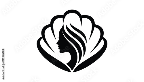 Stylized Female Silhouette Vector Design with Shell-Like Background and Flowing Hair, Ideal for Natural Beauty, Spa, and Skincare Branding 